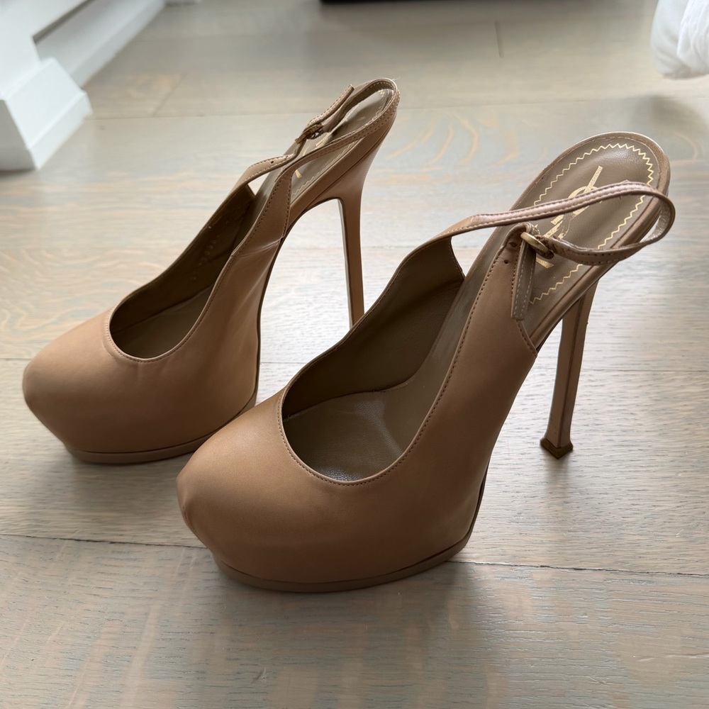 Saint Laurent Tribute TRIBTOO Tan Brown Leather Slingback Heel
